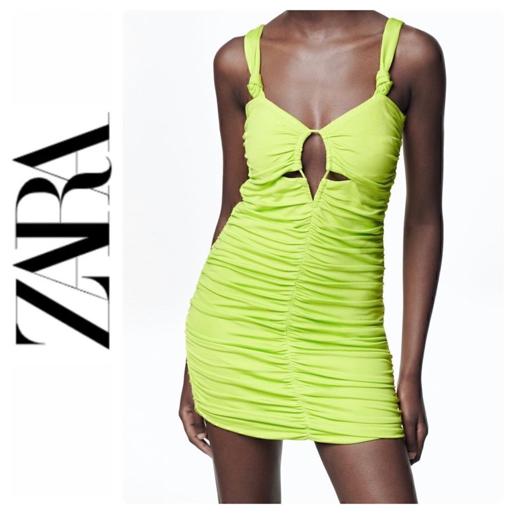 NWT Zara Neon Lime Green Ruched Cutout Bodycon Mini Dress, Size Medium